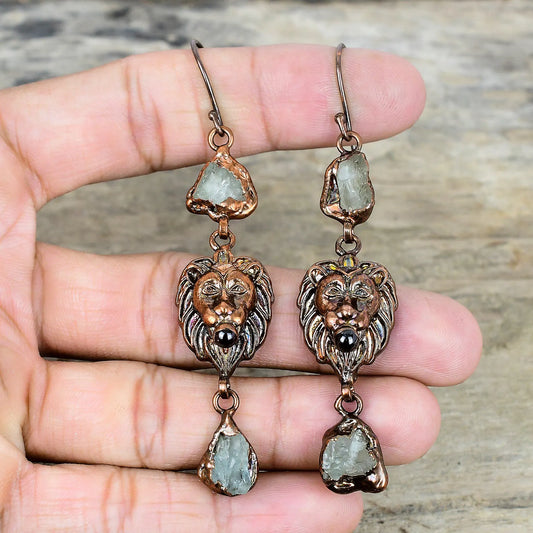 Aquamarine and Copper Lion Earrings