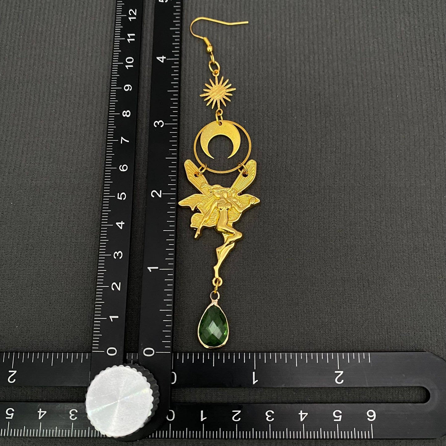 Green Crystal Elf & Moon Charm Gold Plated Earrings
