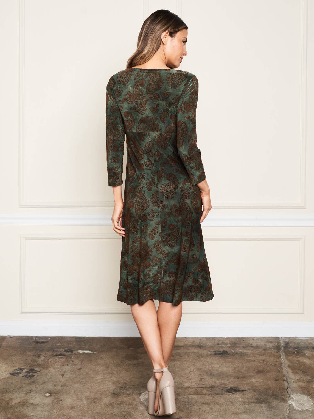 Flocked Twist Dress- Olive/Floral