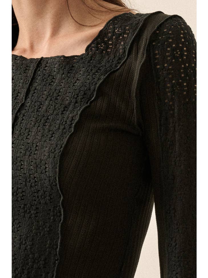 Black Floral Lace Bell-Sleeve Top - La De Da