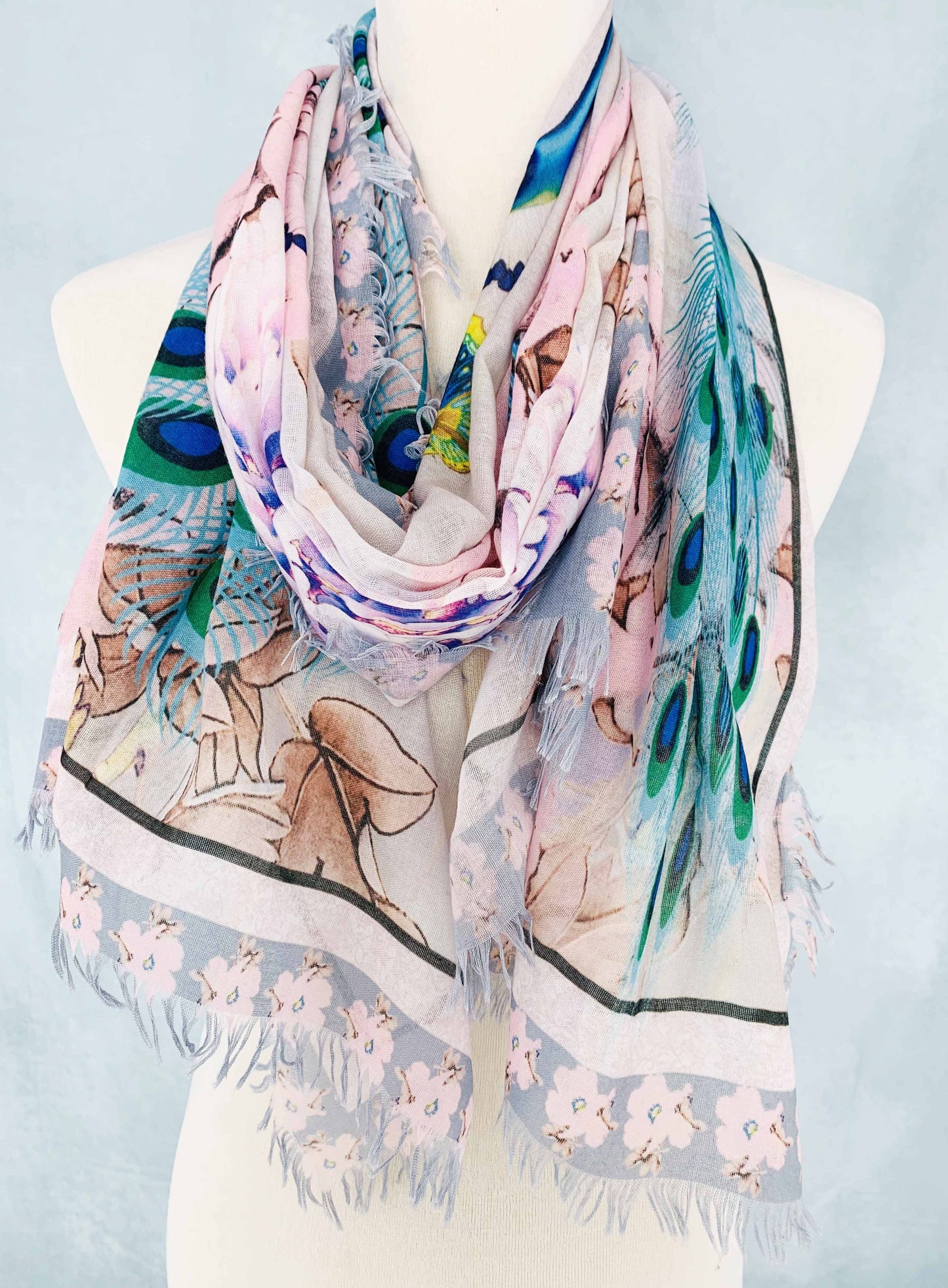 Pink-Teal Peacock & Peoney Frayed-Edge Scarf/Shawl