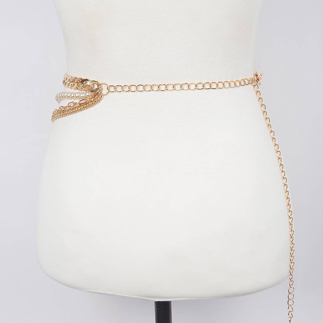 4-Strand Chain Belt with Chunky Chain & Pearls - Gold