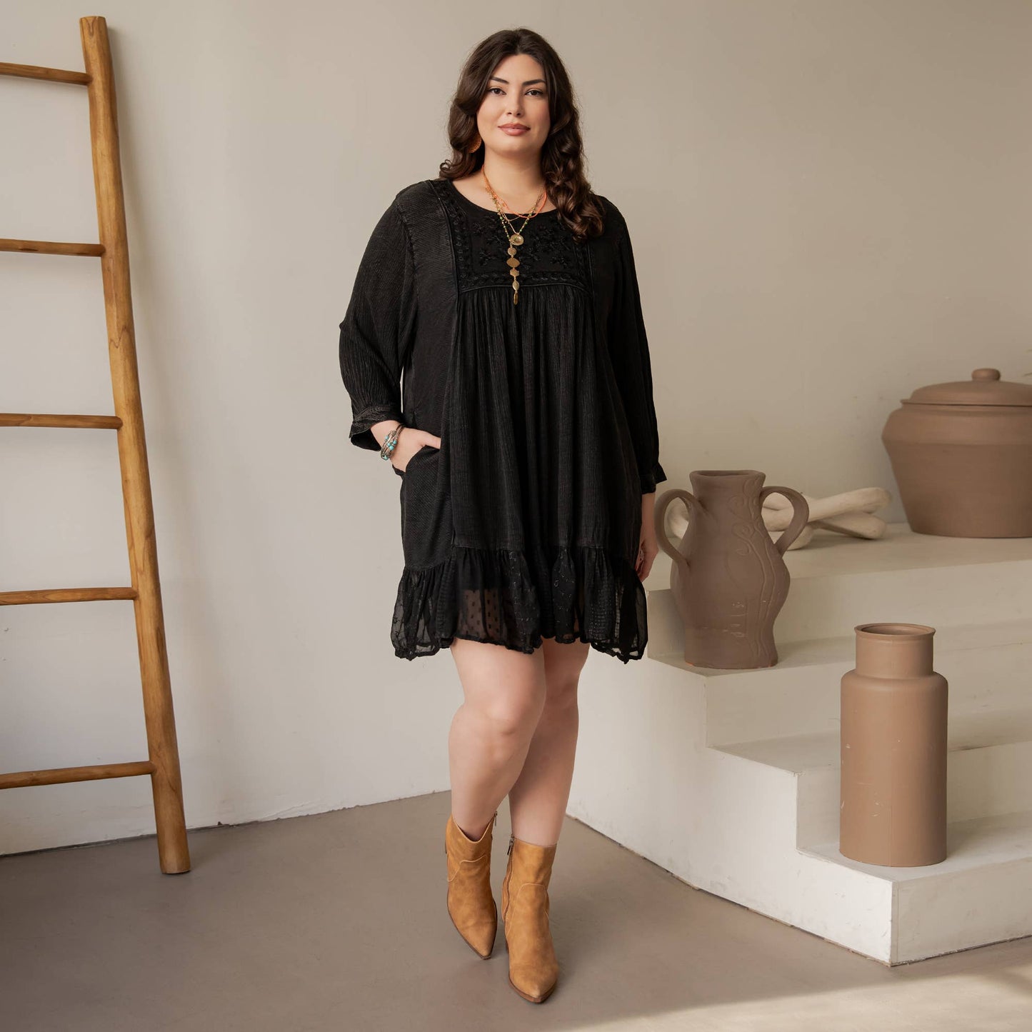 Boho Embroidered Ruffle Hem Babydoll Dress - Charcoal