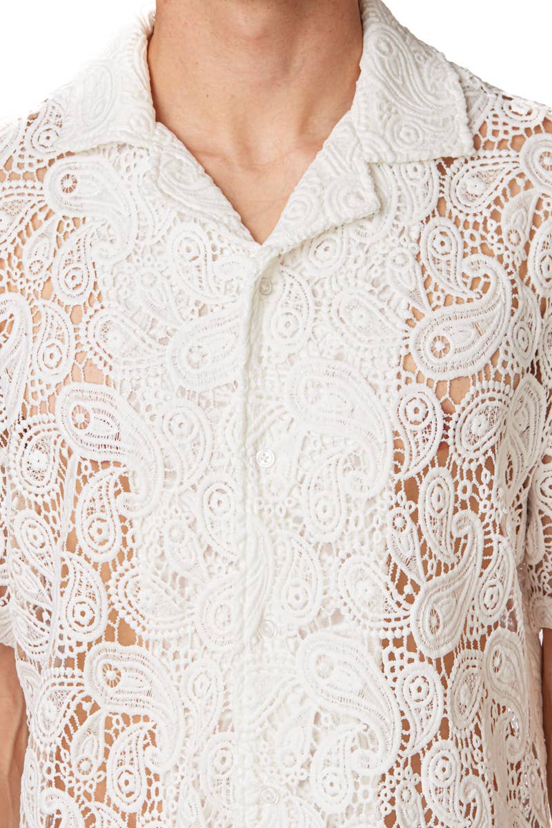 Textured Short Sleeve Men's Shirt - White Lace