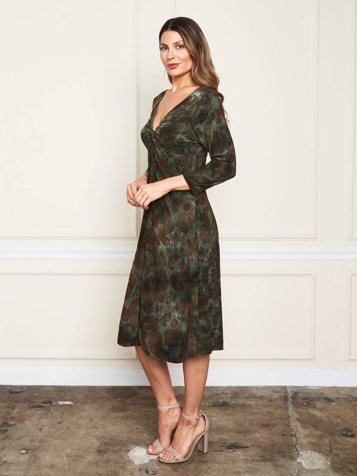 Flocked Twist Dress- Olive/Floral