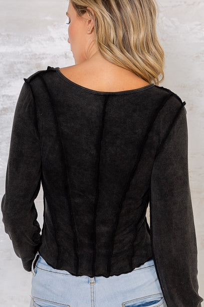 Notched Neck Long Sleeve Cropped Top - Black - La De Da