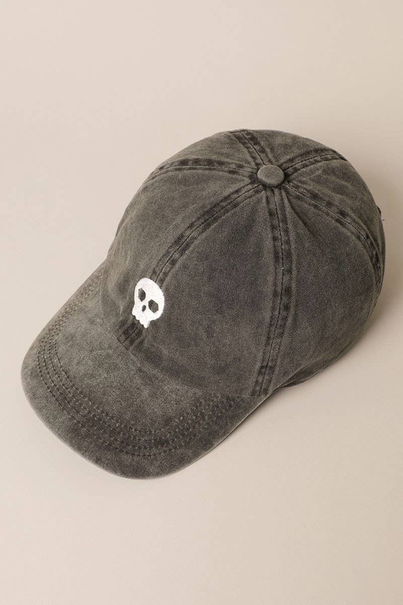 Skull Embroidered Cotton Baseball Cap - BLACK