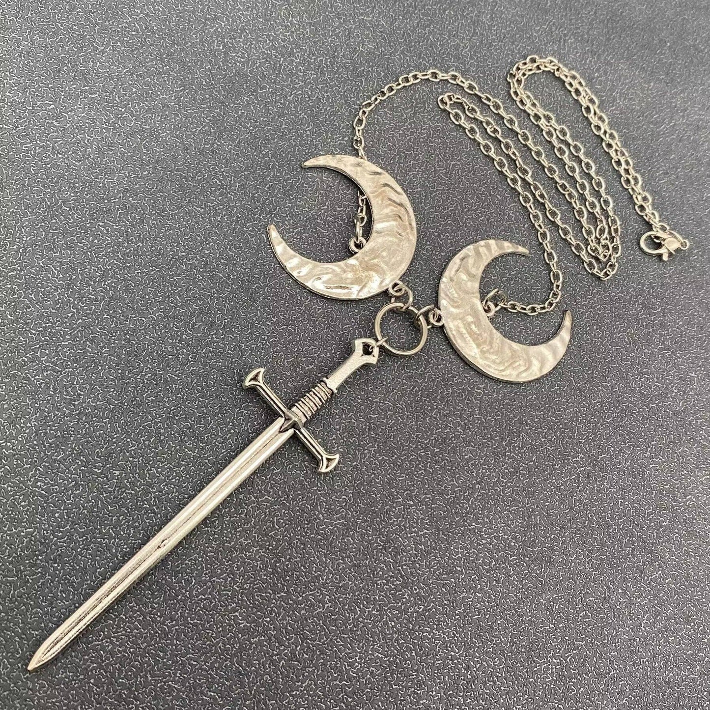Double Moon Silver Tone Longsword Charm Necklace