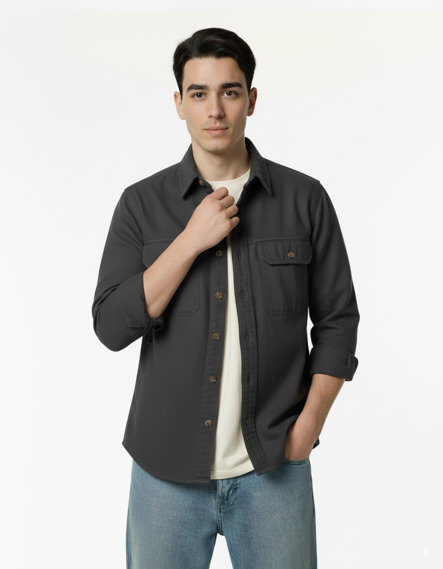 Men's Denim Long Sleeve Shacket - Charcoal