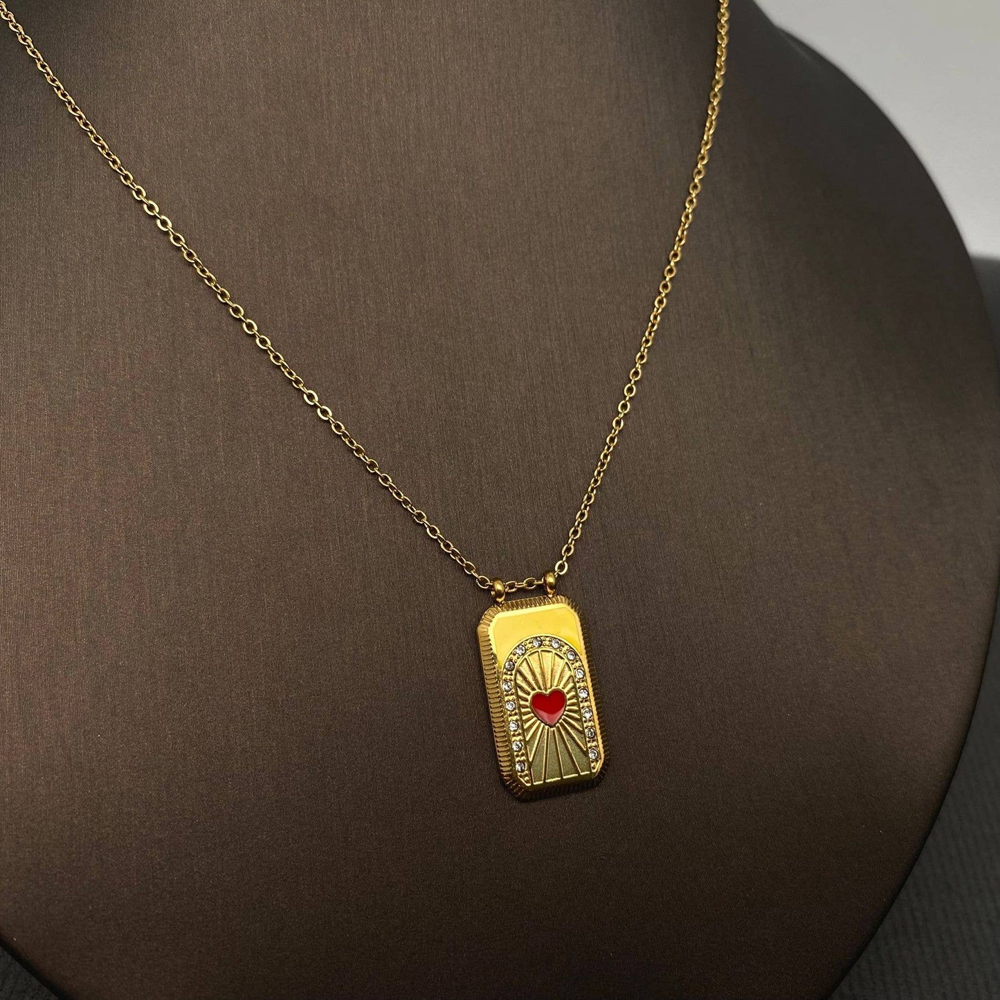 CZ Enamel Tarot Charm 18K Gold Plated S.Steel Necklace - FGS - Heart-B