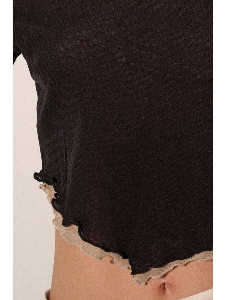 Layered Mesh Cropped V-Hem Top - Black - La De Da