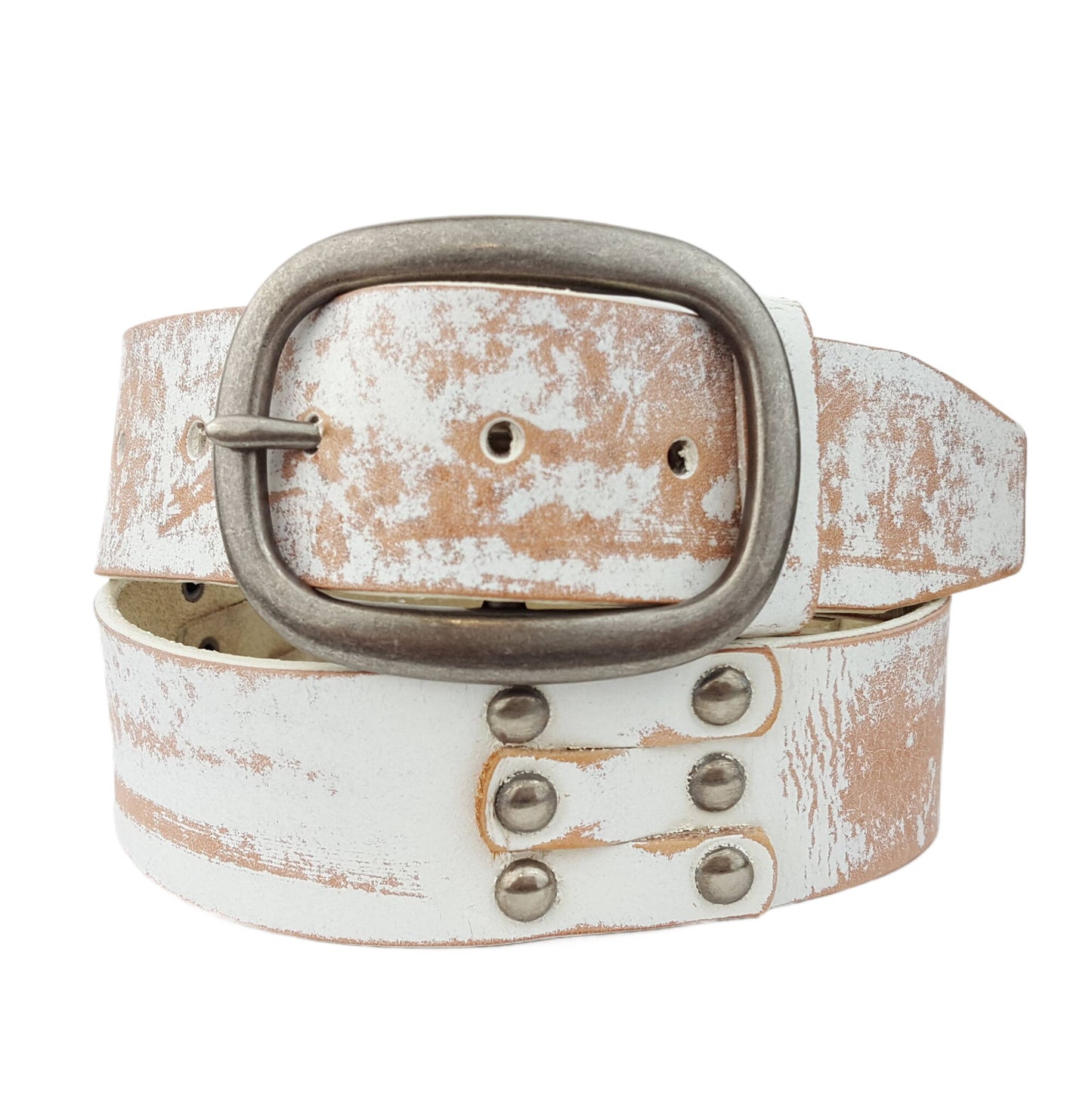 Genuine Studded Leather Belt - Distressed White