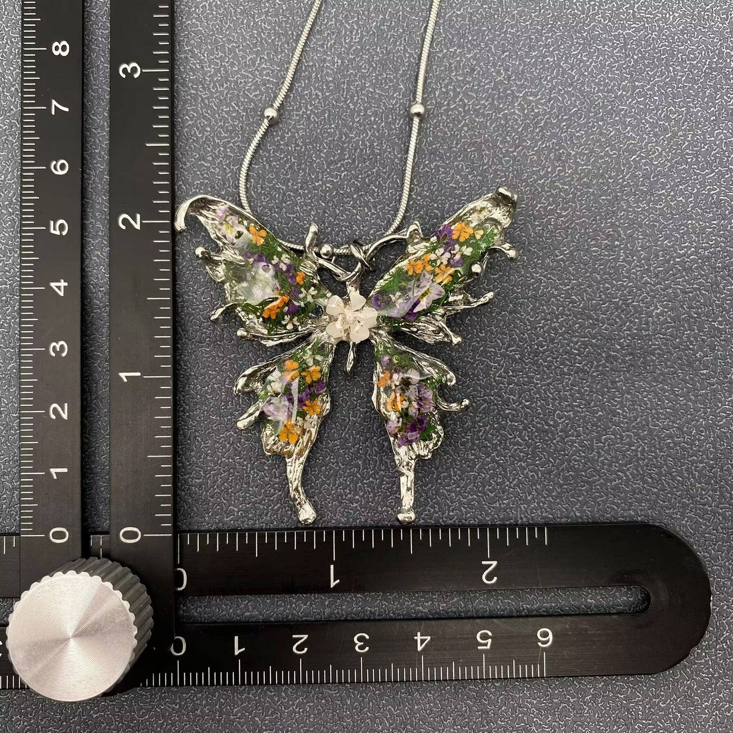 Dried Floral Silver Butterfly Charm Necklace