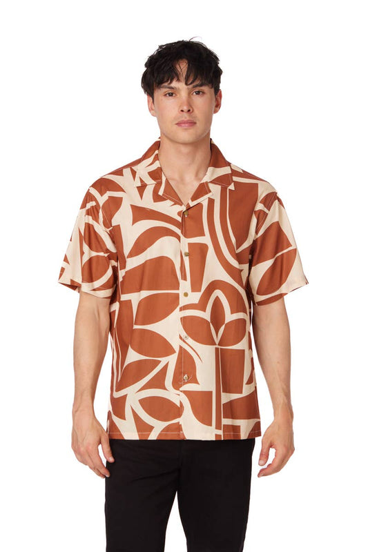 Men's Printed Camp Collar Shirt - Brown