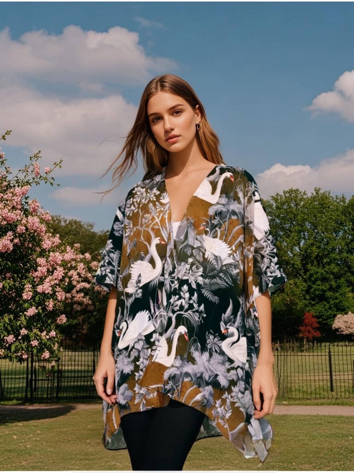 Black-White Swan & Floral Kimono/Cover-Up
