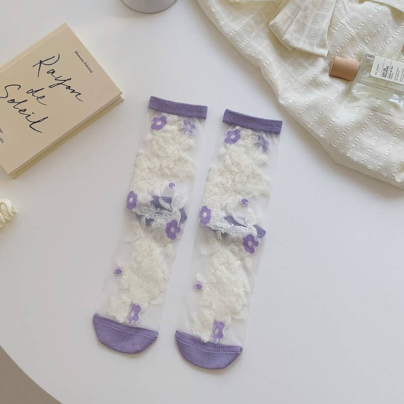 Sheer Floral Mesh Crew Socks - Purple