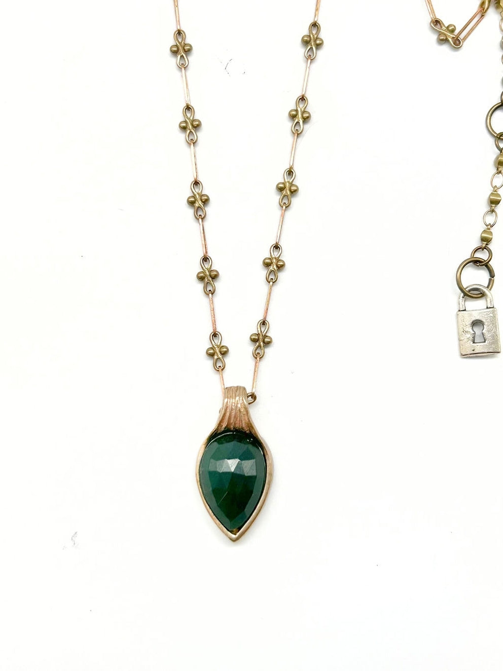 Bronze Pear Shape Pendant Necklace- Green Aventurine