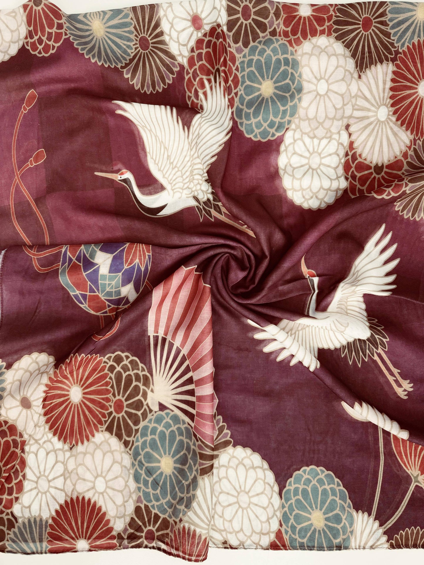 Burgundy-Multi Crane & Floral Scarf