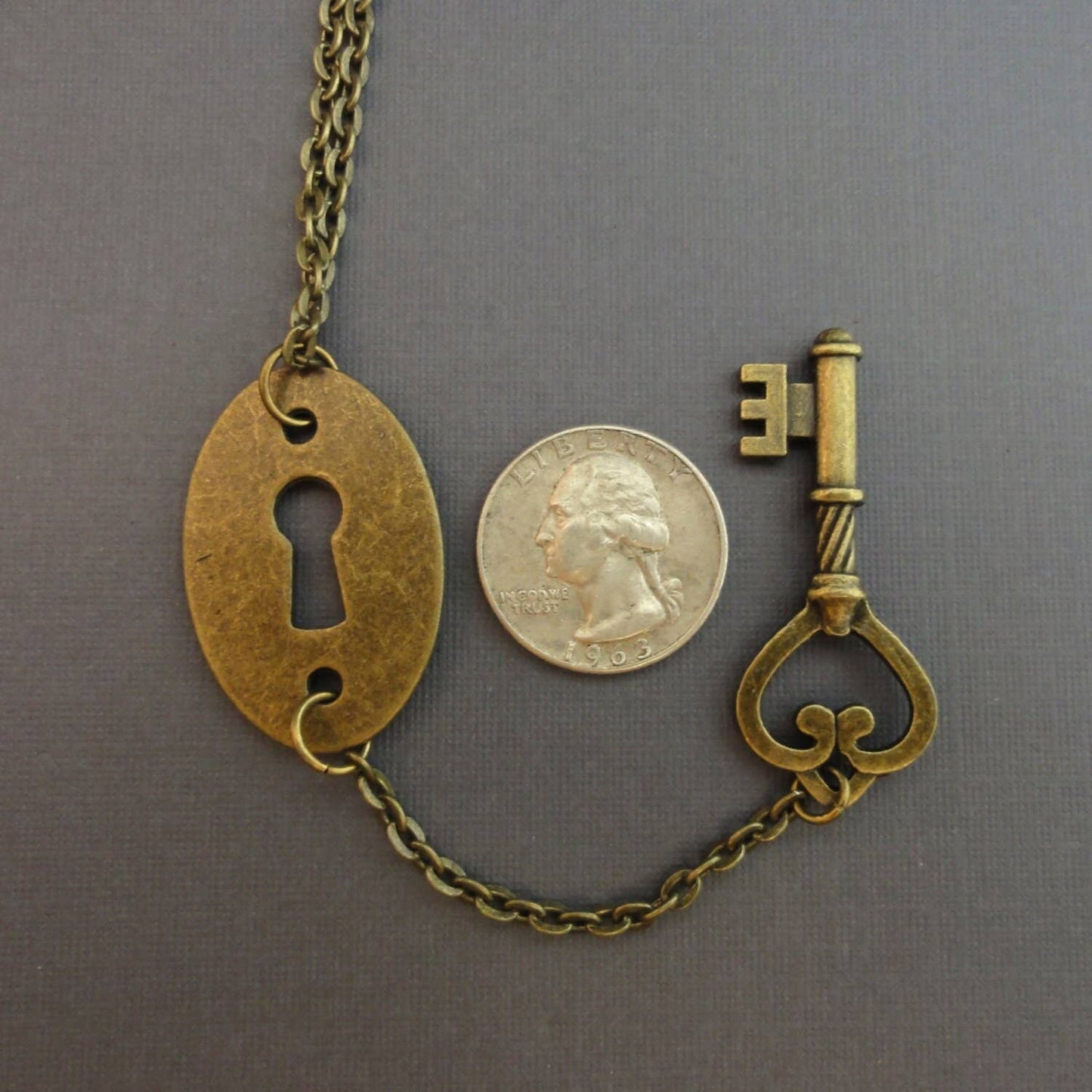 Key & Keyhole Necklace | Long Y Necklace | Bronze