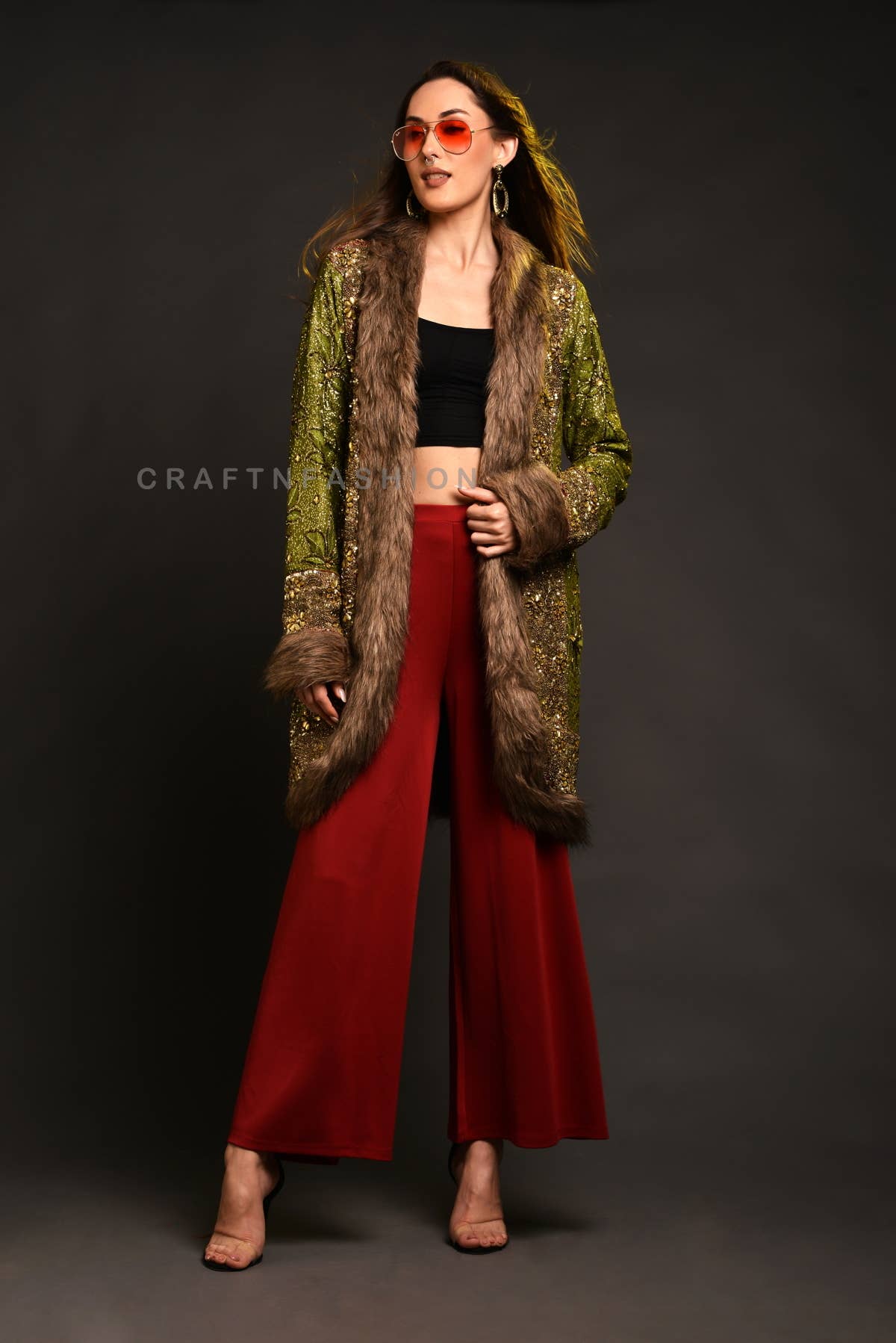 Handmade Vintage Embroidered Fur Jacket Coat - Green