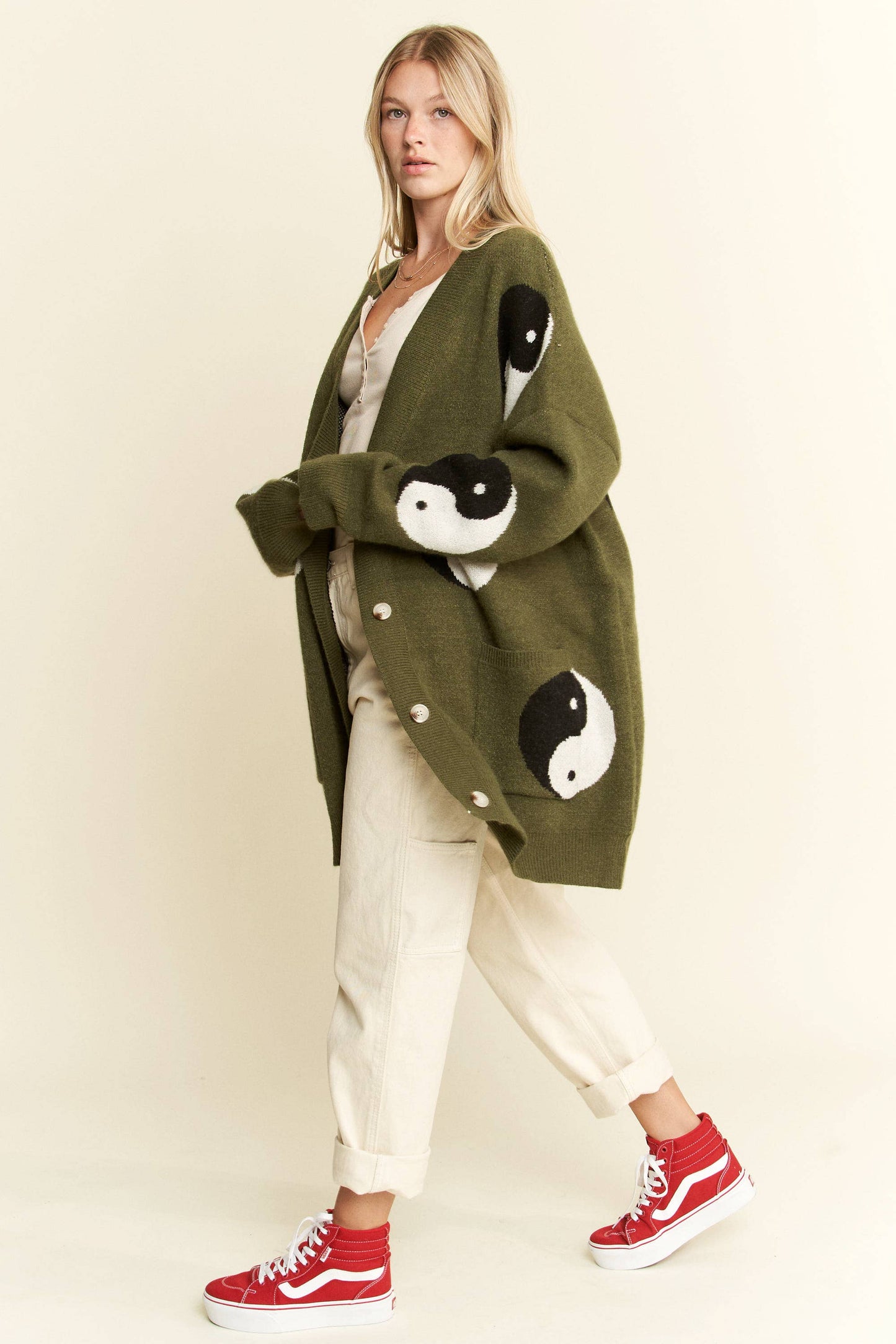 Oversized Yin Yang Cardigan - Olive