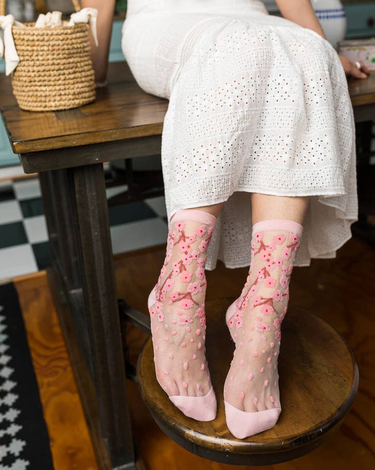 Cherry Blossom Sheer Crew Sock - La De Da