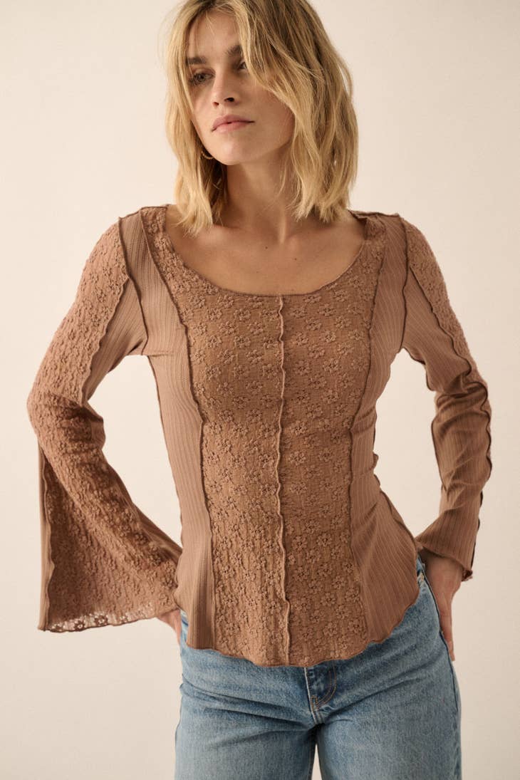 Mixed Media Lace Bell-Sleeve Top - La De Da