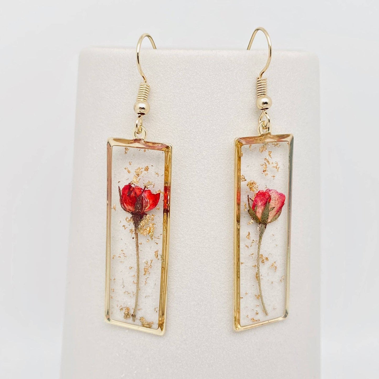 Rectangular Rose Dried Flowers Dangle Earrings