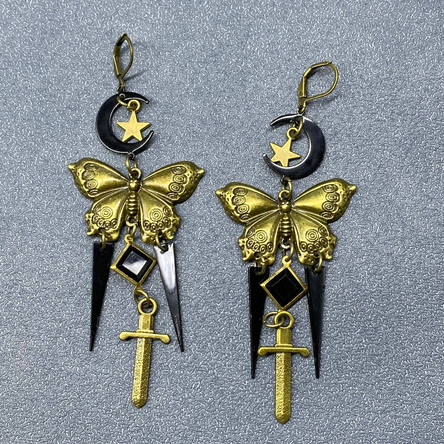 Gothic Style Bronze Butterfly & Sword Dangle Earrings