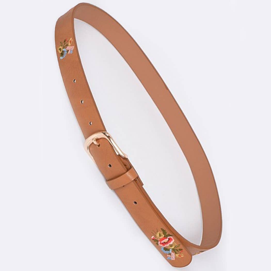 Plain Belt With Flower Details - Camel