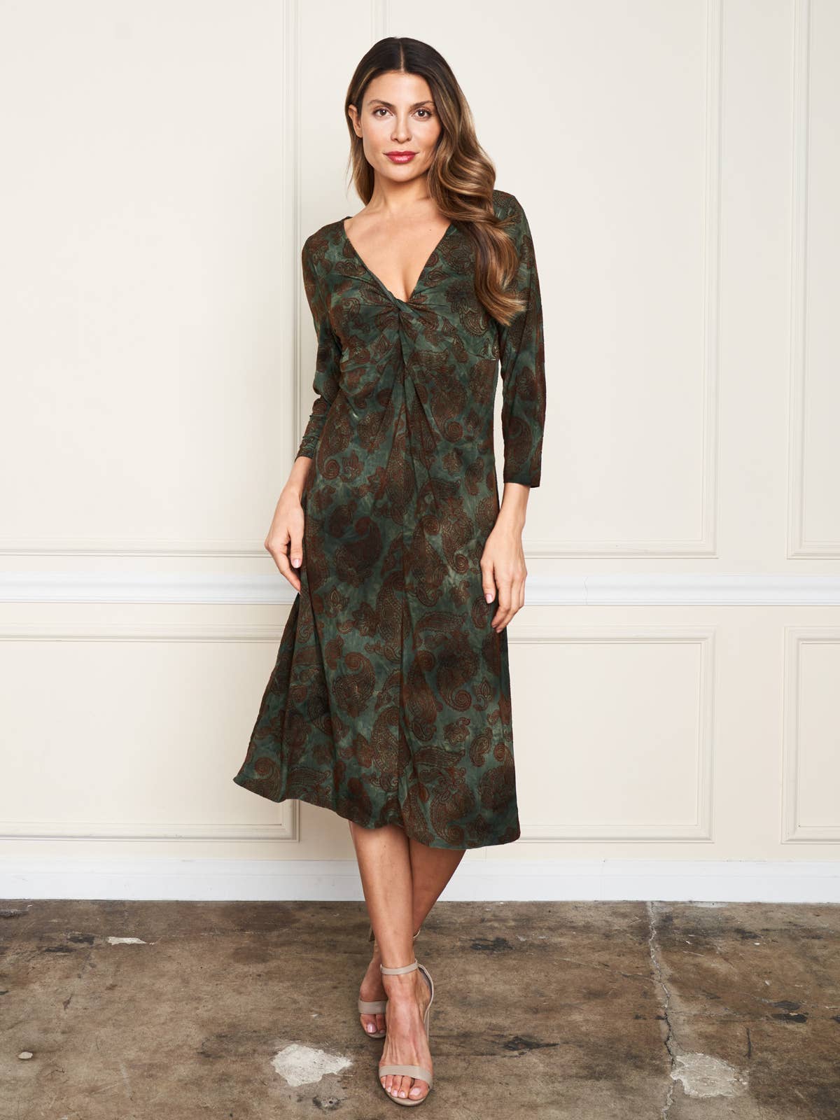 Flocked Twist Dress- Olive/Floral