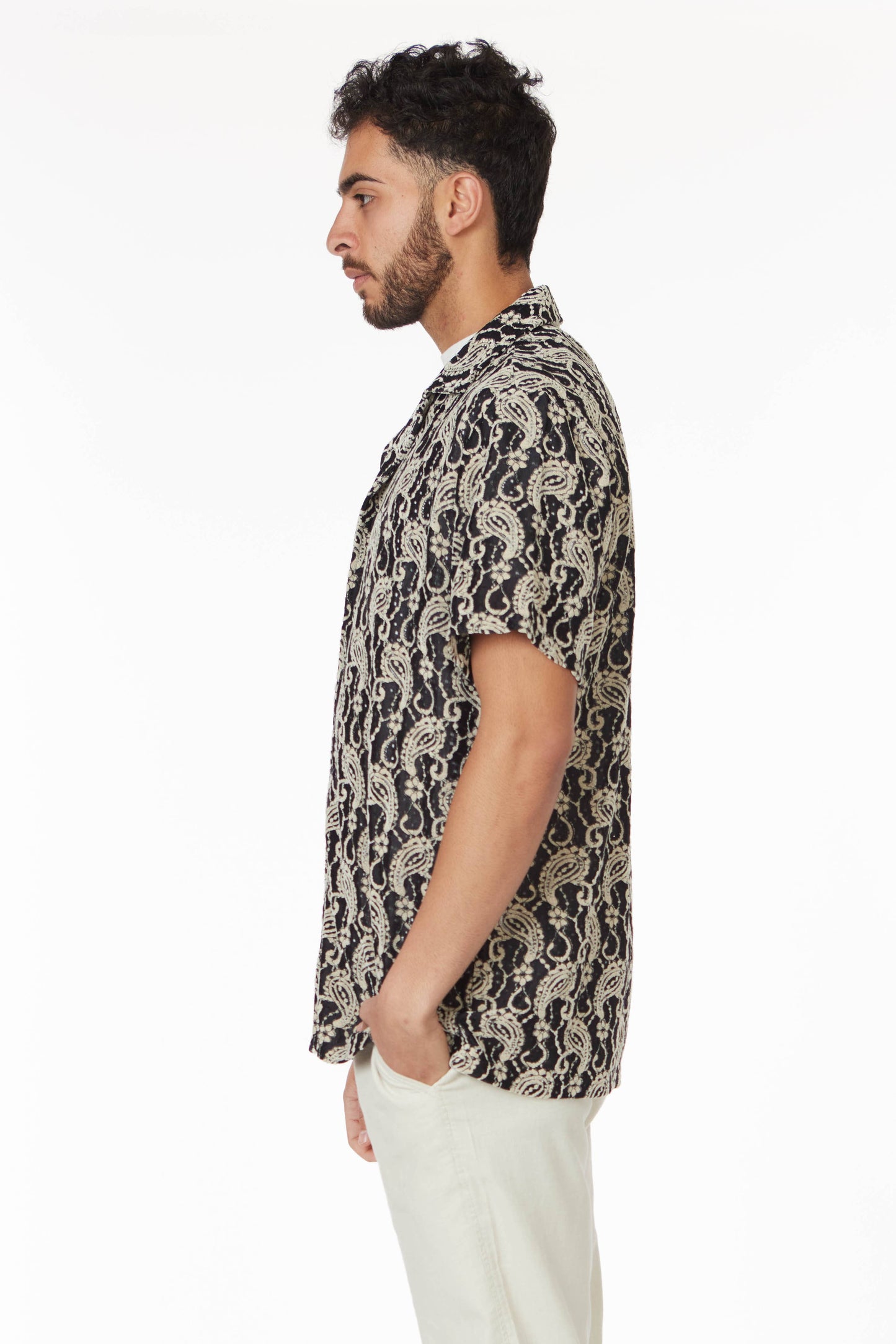 Crochet/Textured Short Sleeve Men's Shirt - Black/Beige