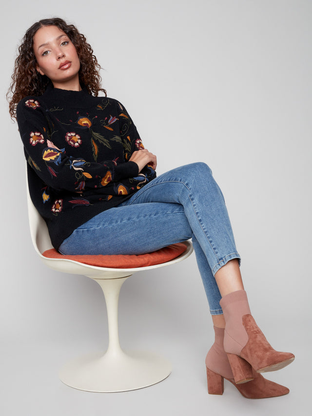 Embroidered Mock Neck Sweater - Black