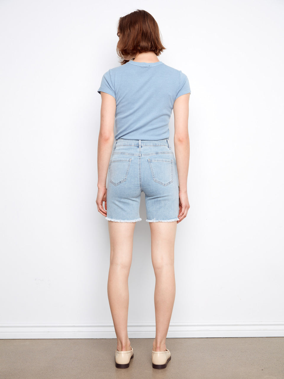 Side Embroided Stretch Denim Shorts