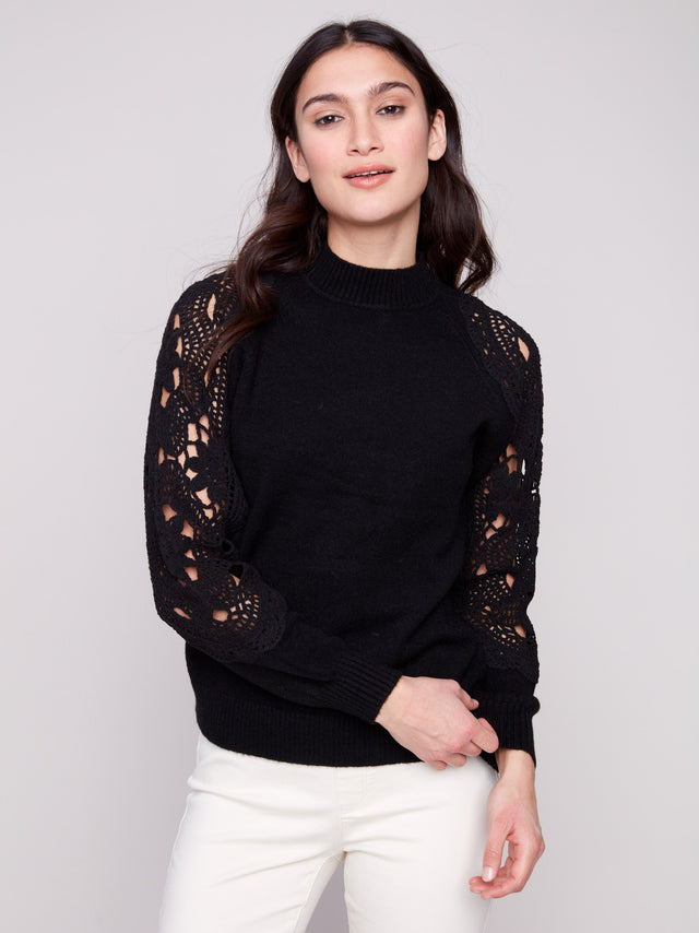 Crochet Sleeve Mock Neck Sweater - Black