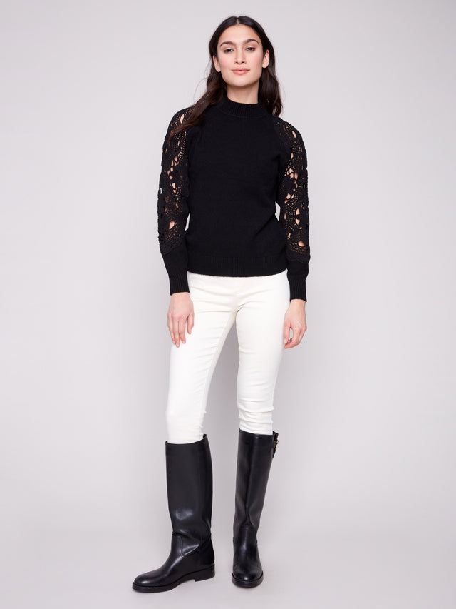 Crochet Sleeve Mock Neck Sweater - Black