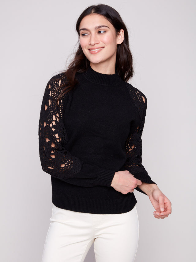 Crochet Sleeve Mock Neck Sweater - Black