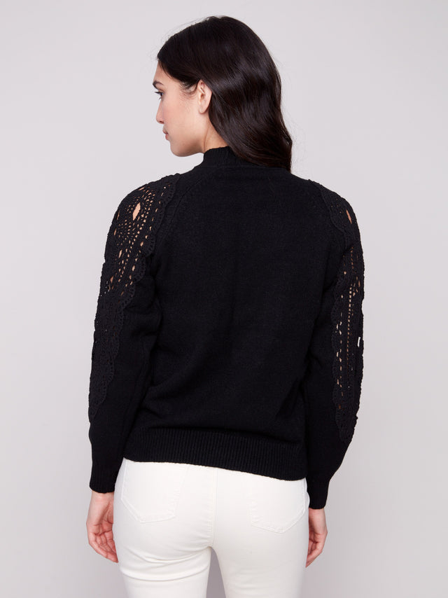 Crochet Sleeve Mock Neck Sweater - Black