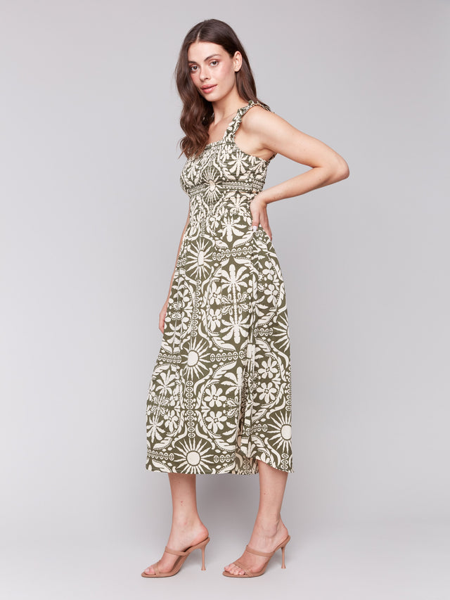 Printed Sleeveless Midi Dress w/ Shirring Detail - Celadon