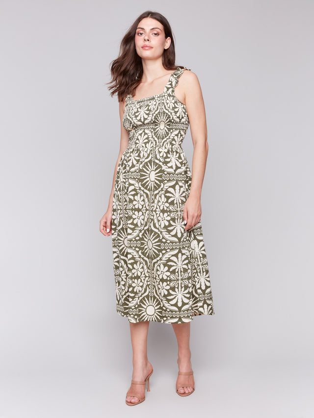 Printed Sleeveless Midi Dress w/ Shirring Detail - Celadon