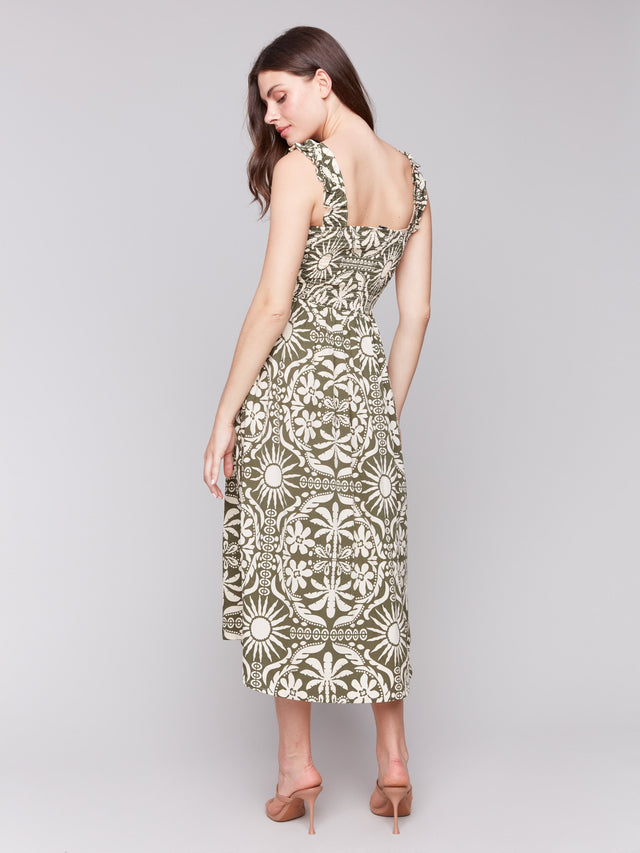 Printed Sleeveless Midi Dress w/ Shirring Detail - Celadon