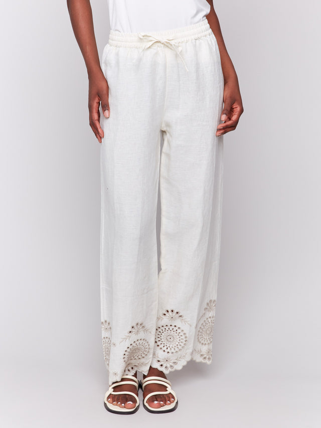 Pull-On Linen Pants with Eyelet Embroidery - Natural