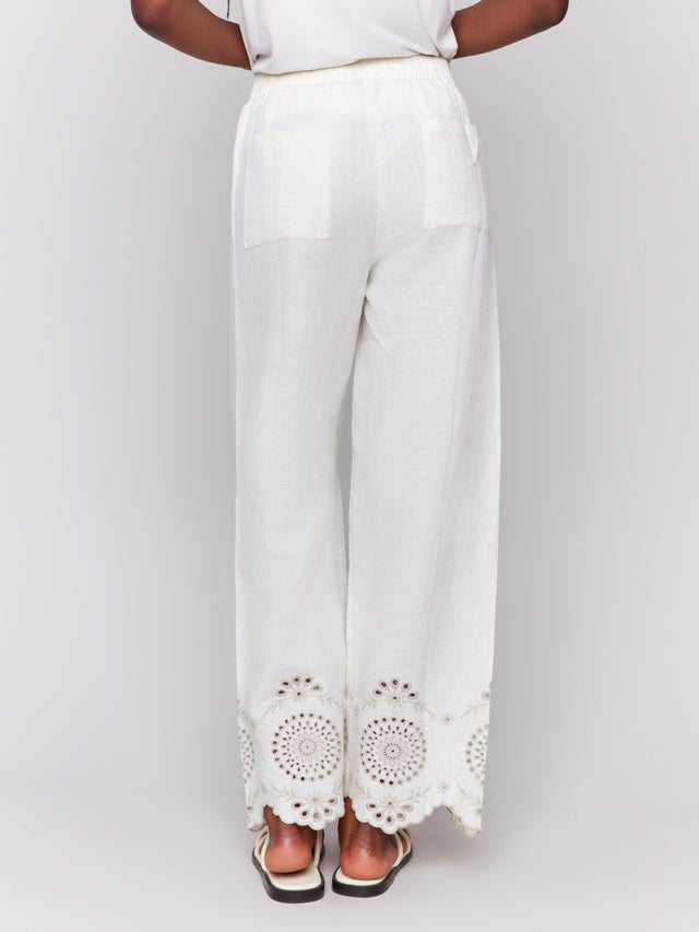 Pull-On Linen Pants with Eyelet Embroidery - Natural