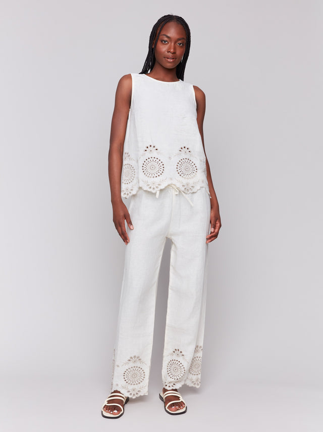 Sleeveless Linen Top with Eyelet Embroidery - Natural