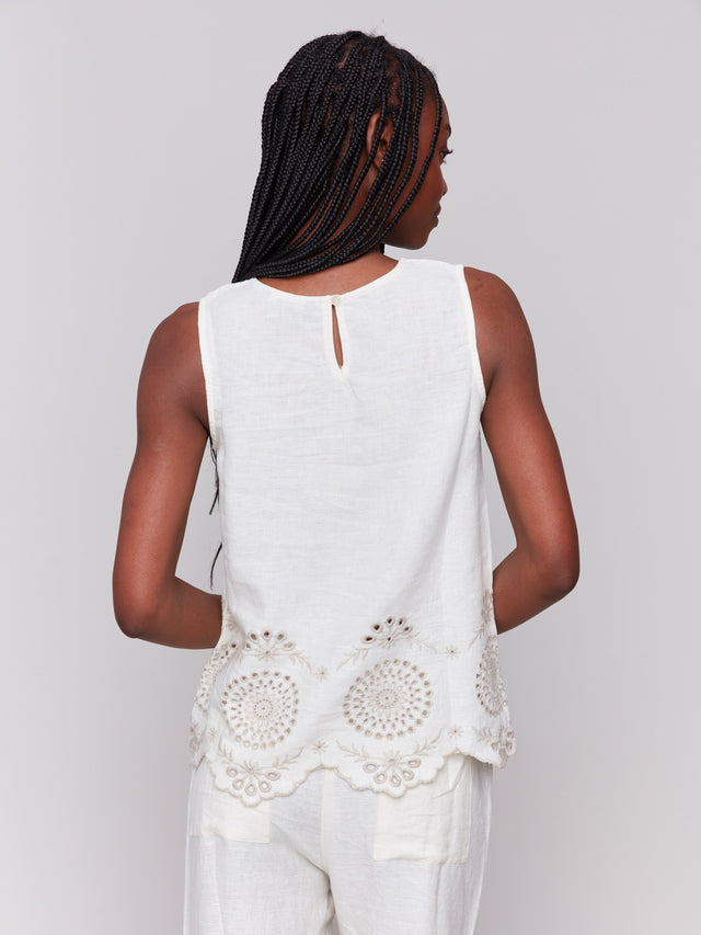Sleeveless Linen Top with Eyelet Embroidery - Natural
