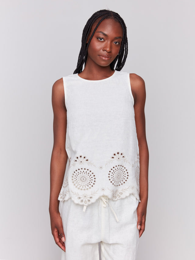 Sleeveless Linen Top with Eyelet Embroidery - Natural