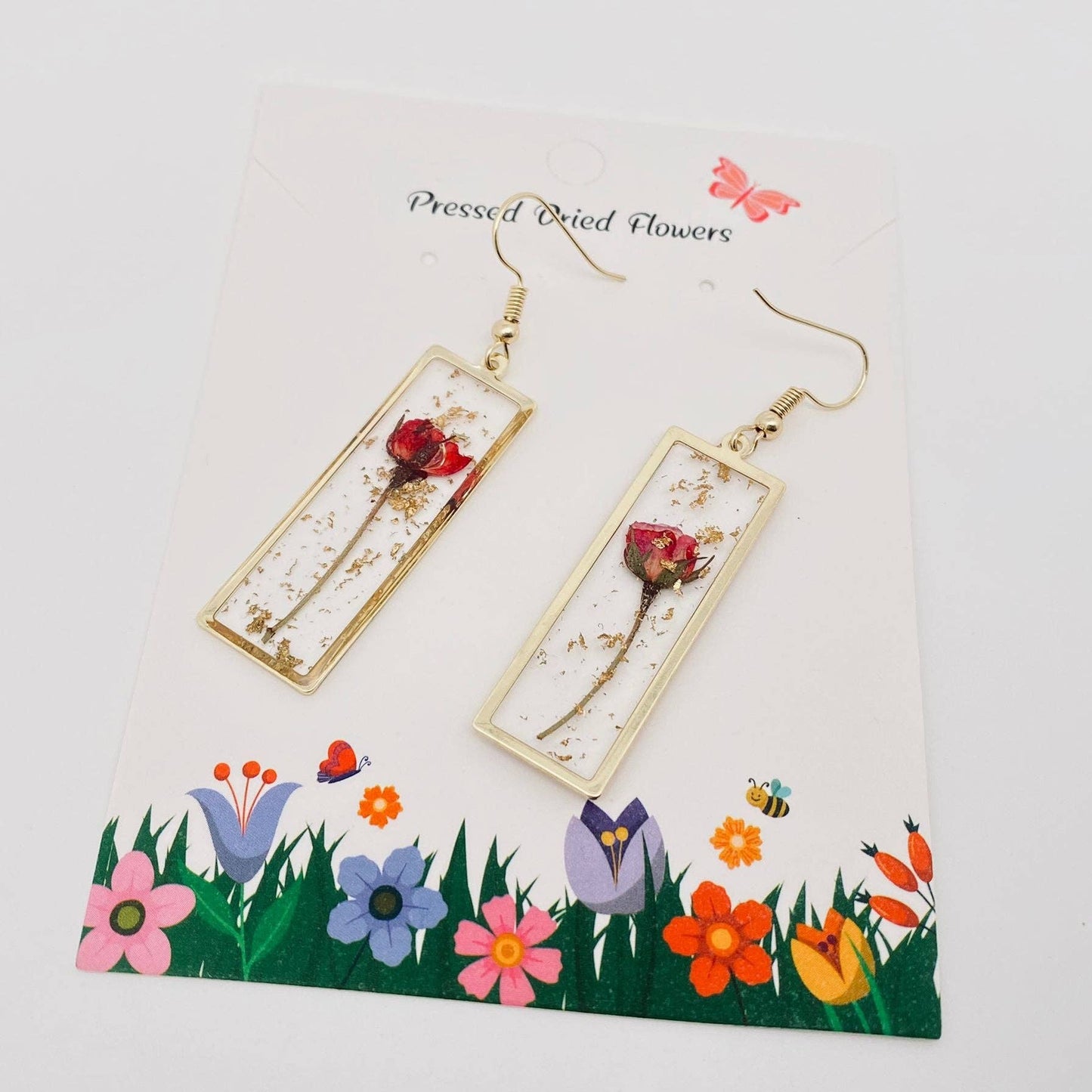 Rectangular Rose Dried Flowers Dangle Earrings