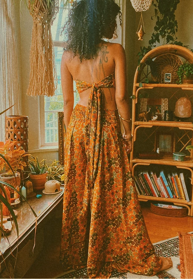 Hippie Boho Silk Bell Bottom Flare Pants, Palazzo Pants - Gold Flower