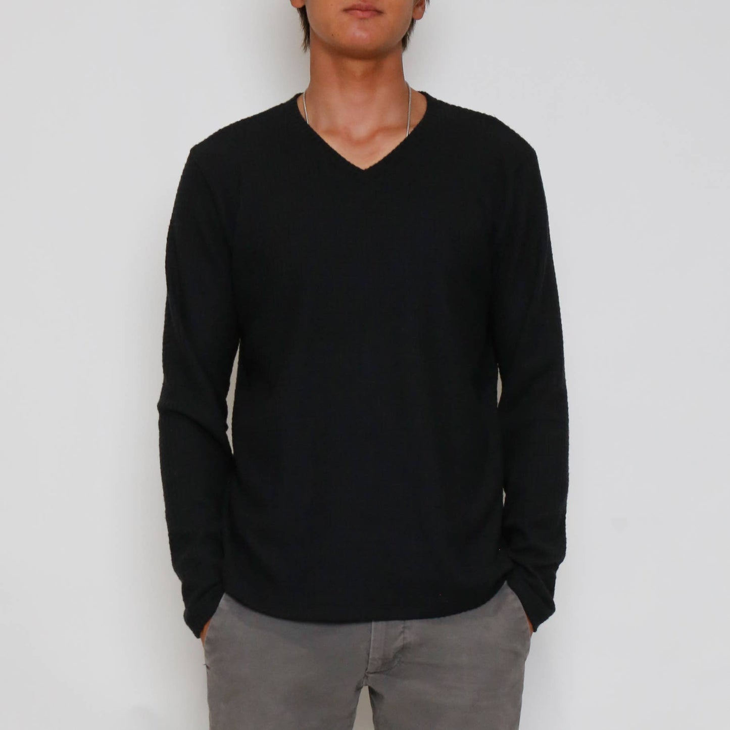 Brushed Waffle V Neck Long Sleeve - Black