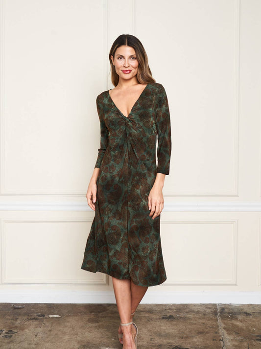 Flocked Twist Dress- Olive/Floral